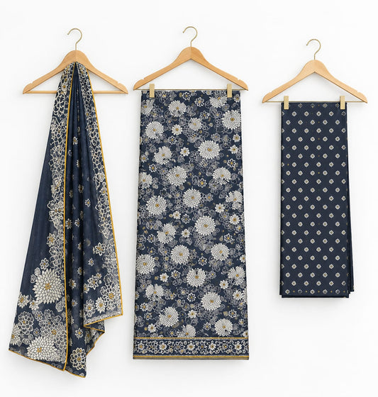 Navy Blue Floral Khaddar 3-Piece Suit with Chiffon Dupatta