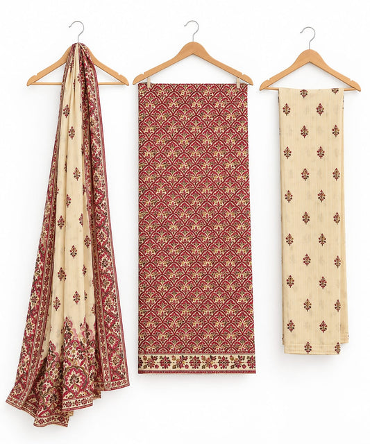 Cream & Maroon Printed Khaddar Suit with Chiffon Dupatta