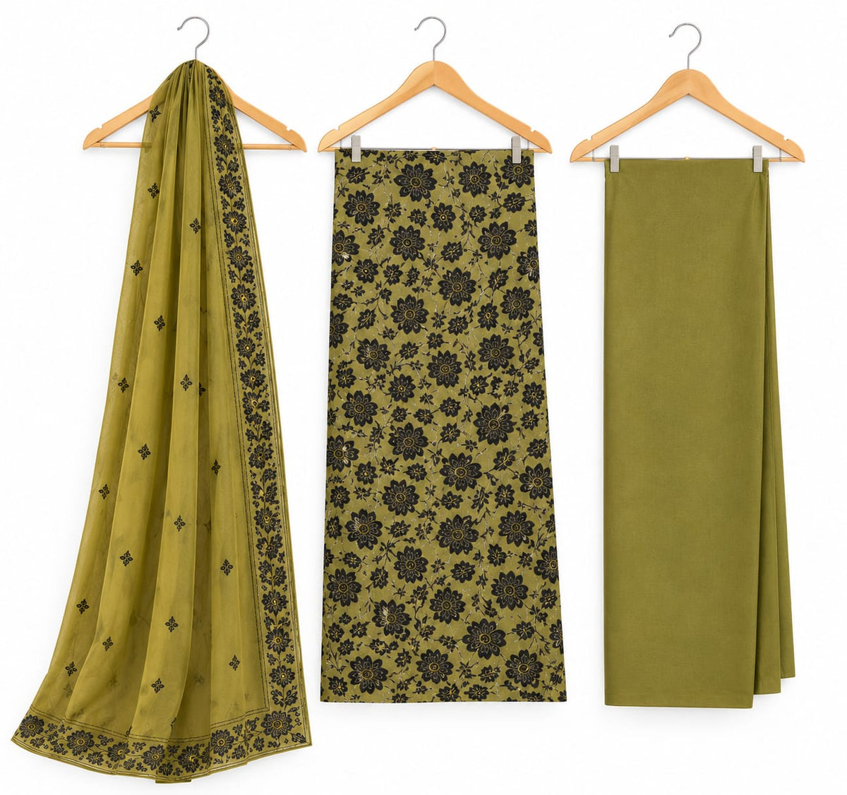 Olive Green Linen Suit with Printed Chiffon Dupatta
