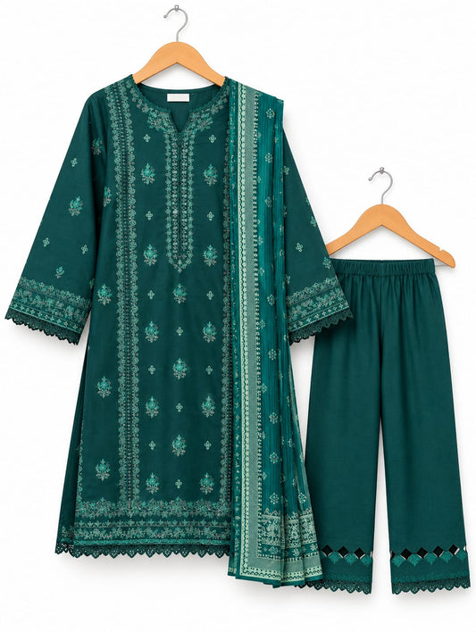 Teal Green Printed Khaddar 2-Piece Shirt & Dupatta