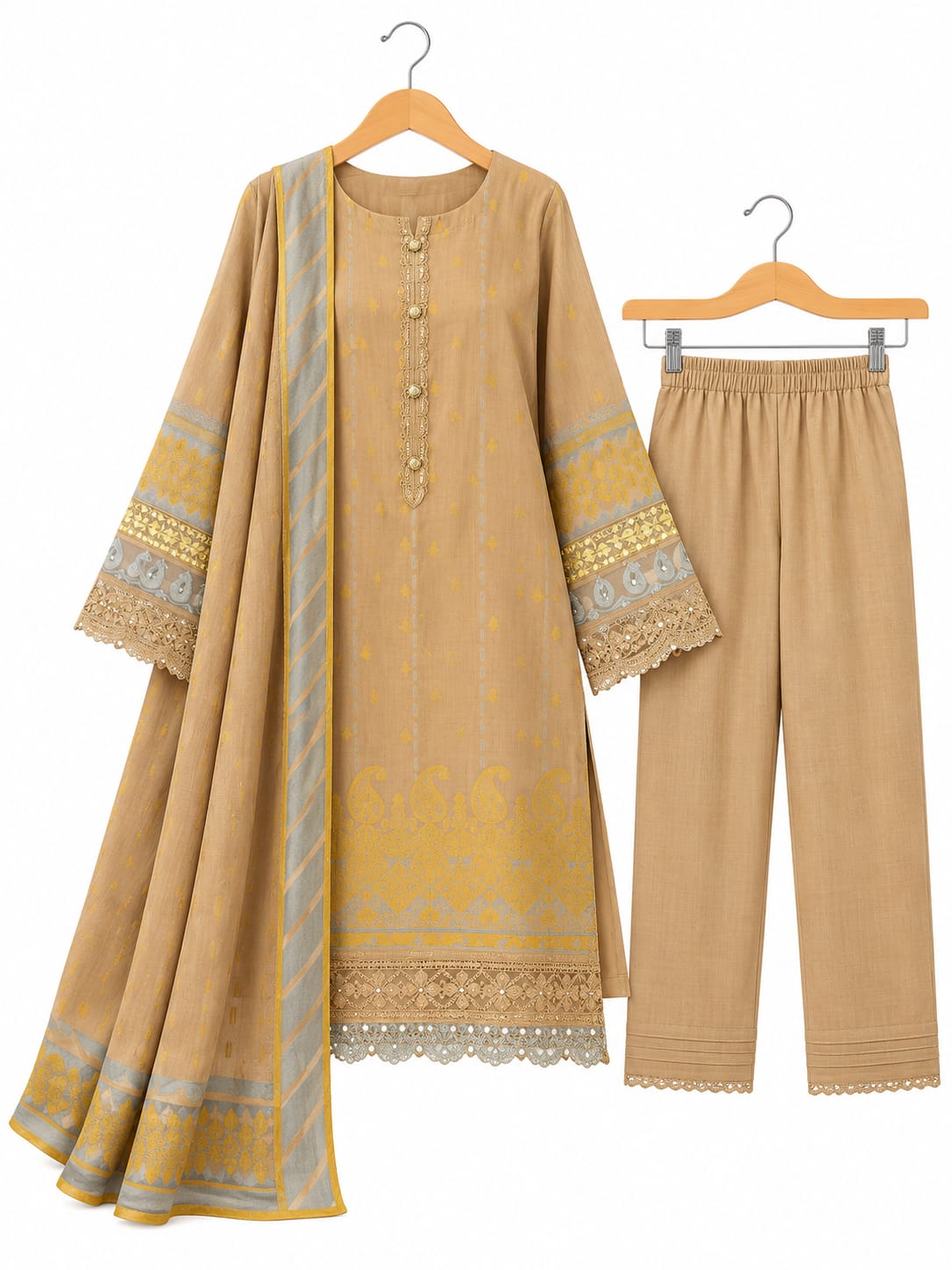 Beige Jacquard 2-Piece Shirt & Dupatta