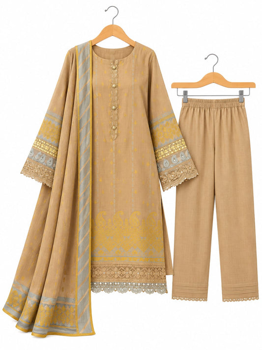 Beige Jacquard 2-Piece Shirt & Dupatta