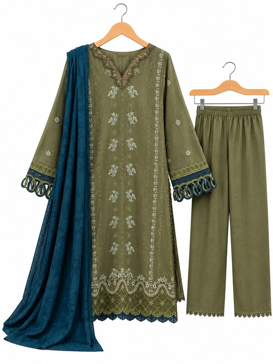 Olive Green Embroidered 2-Piece