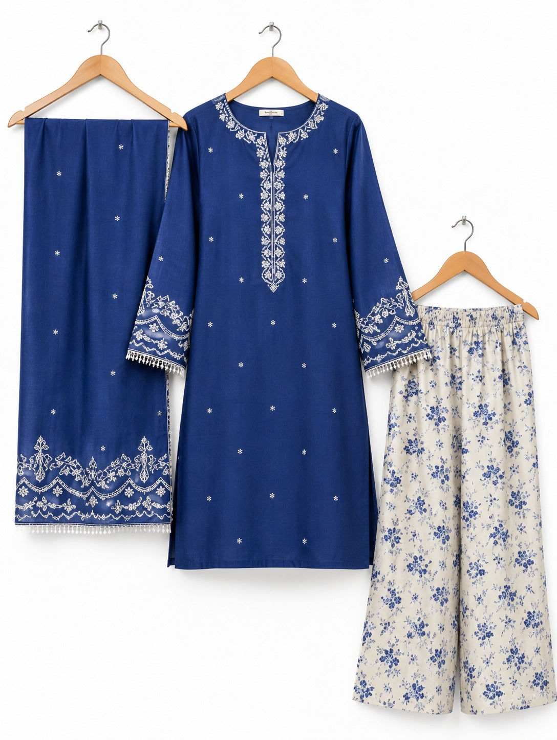 Royal Blue Embroidered Khaddar 3-Piece Suit