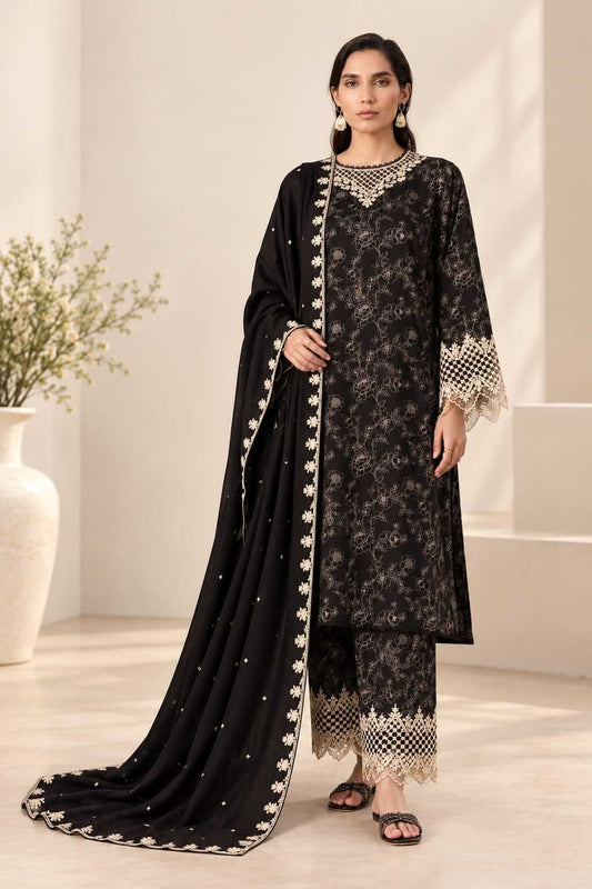 Black Khaddar 3-Piece Suit with Twill Shawl