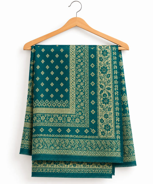 Teal Green & Gold Jacquard Shawl