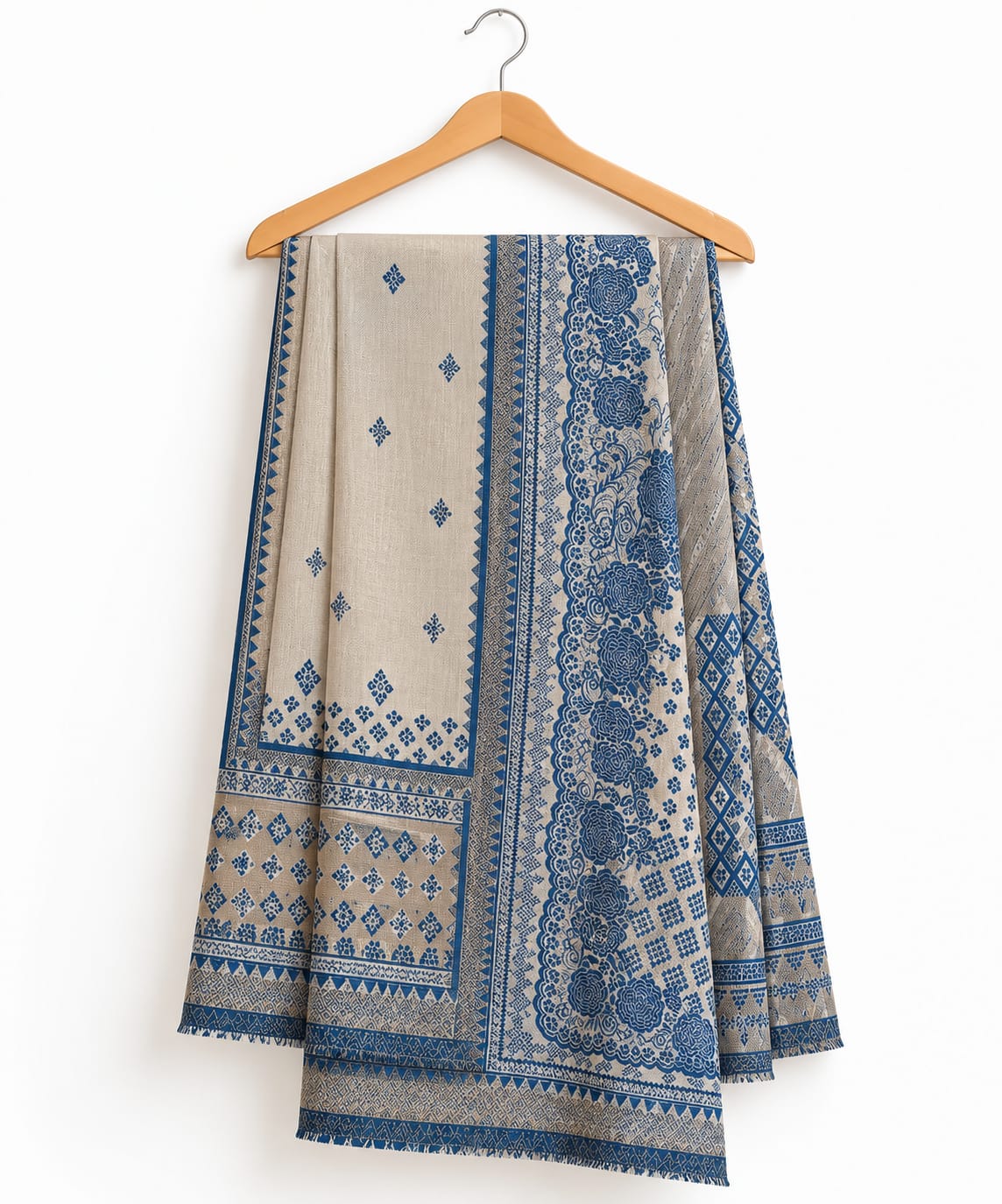 Beige & Blue Jacquard Shawl