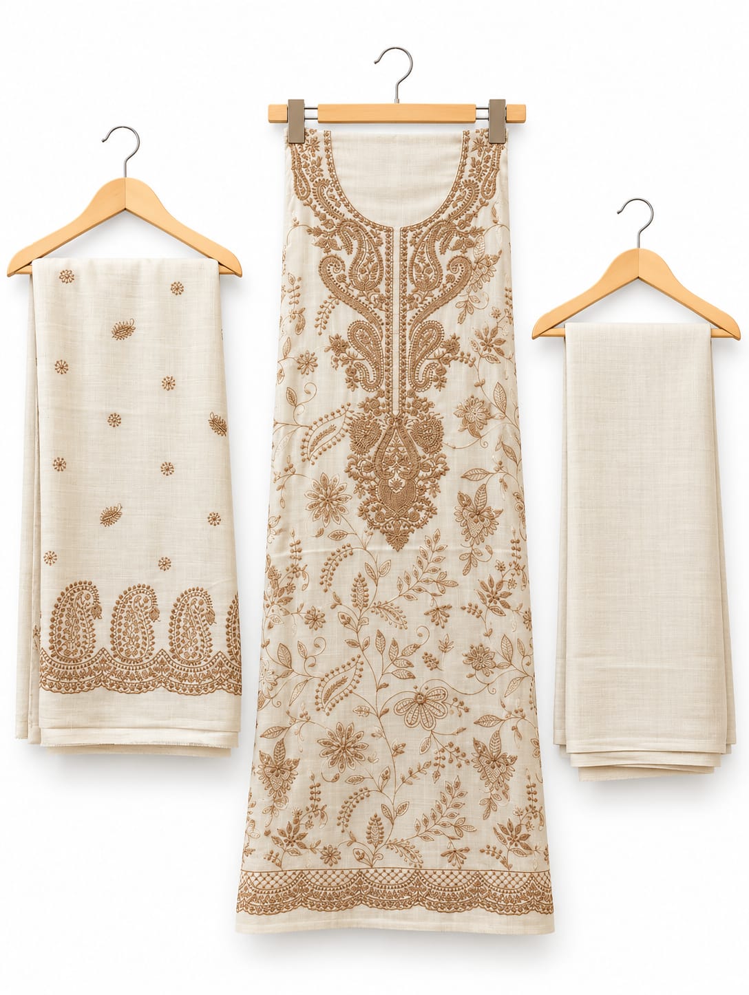 Ivory Beige Embroidered Wool 3-Piece Unstitched Suit with Matching Trouser & Dupatta