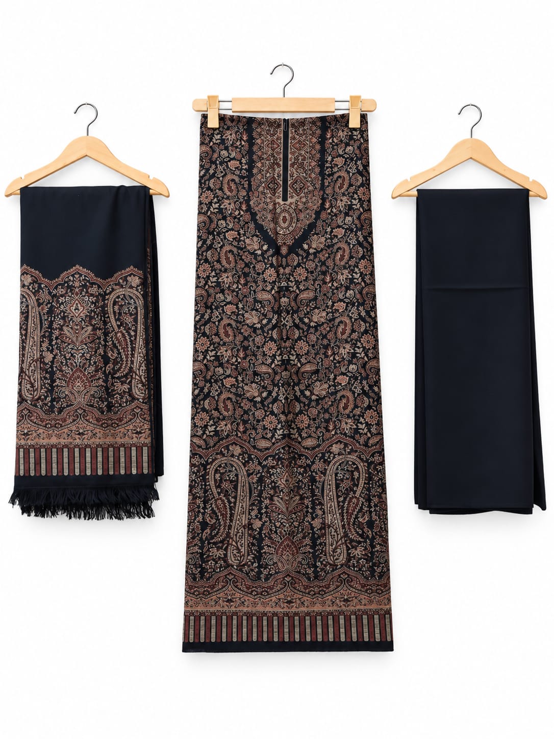 Black & Brown Printed Marina 3-Piece Unstitched Suit with Jacquard Shawl
