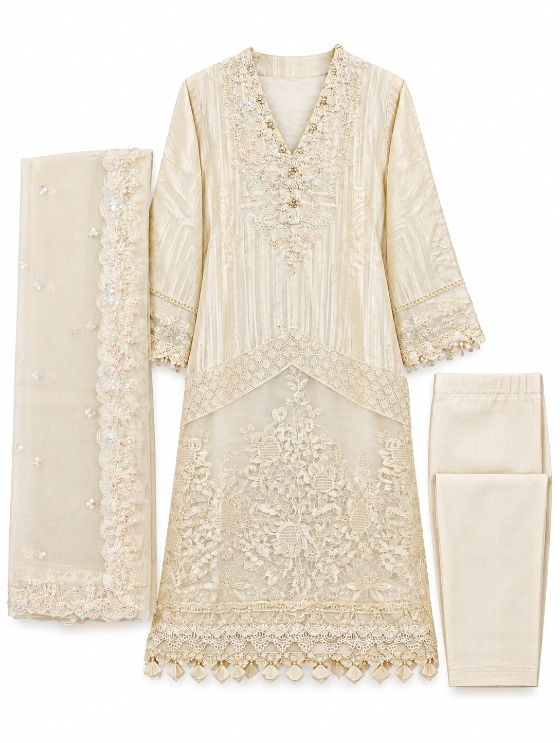 Ivory Grace | Luxury Cream Embroidered 3-Piece Suit