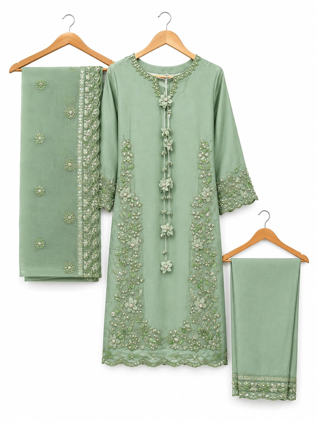 Blush Royale | Embroidered 3-Piece Suit - Sea Green