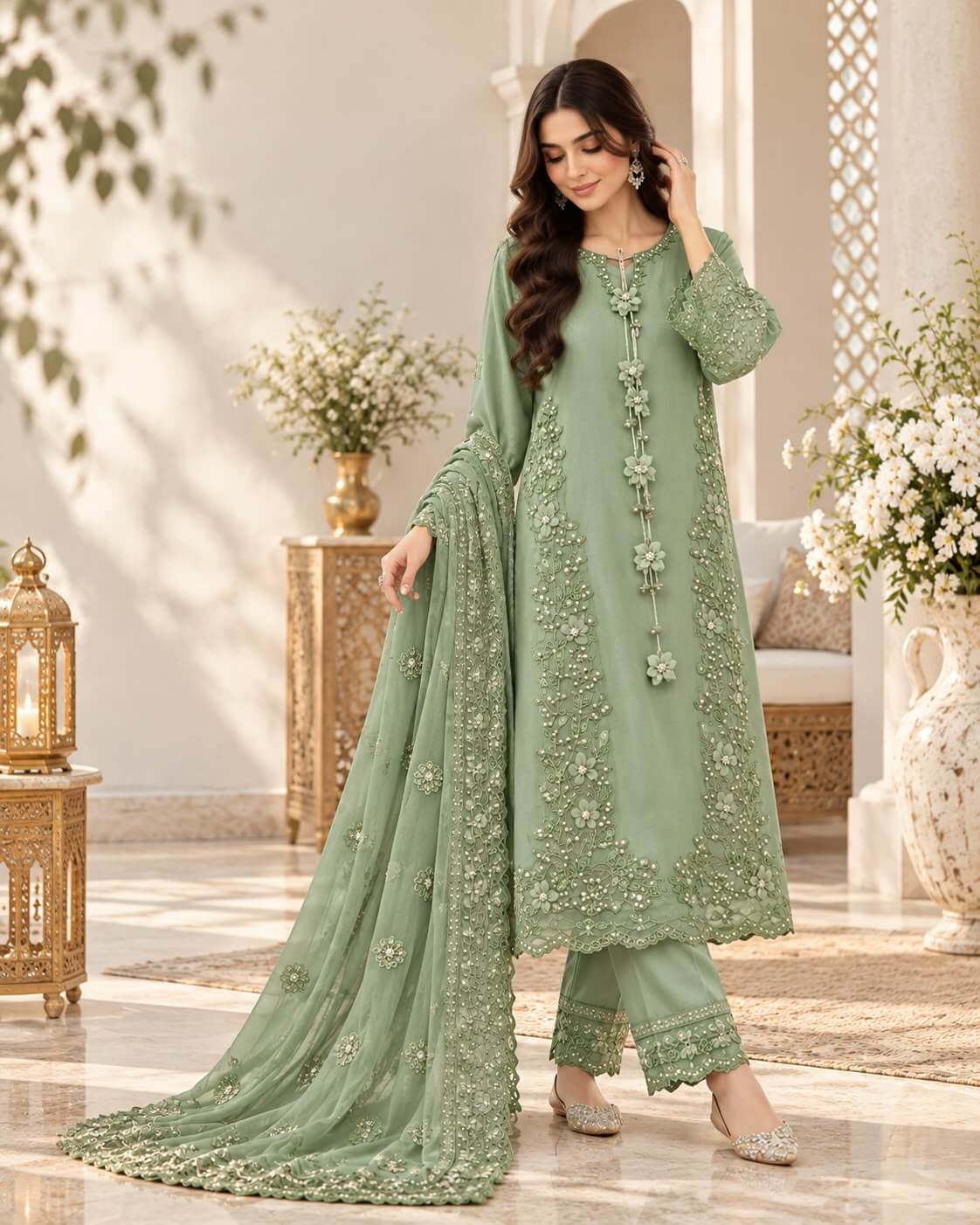 Blush Royale | Embroidered 3-Piece Suit - Sea Green