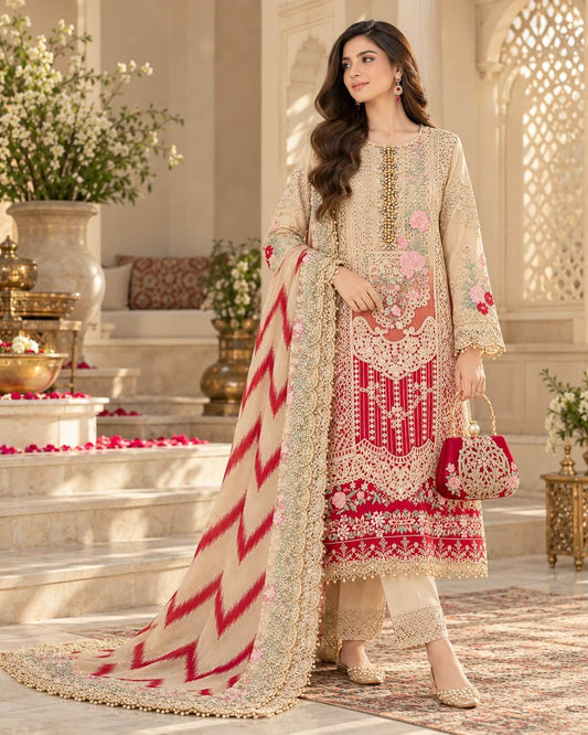 Crimson Royale | Luxury Beige & Red Embroidered 3-Piece Suit With Matching Handbag