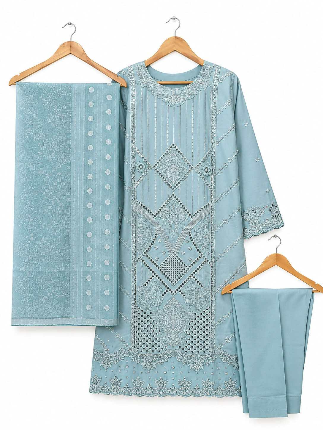Azure Serenity | Luxury Ice Blue Embroidered 3-Piece Winter Cambric