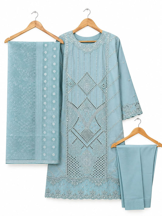 Azure Serenity | Luxury Ice Blue Embroidered 3-Piece Winter Cambric