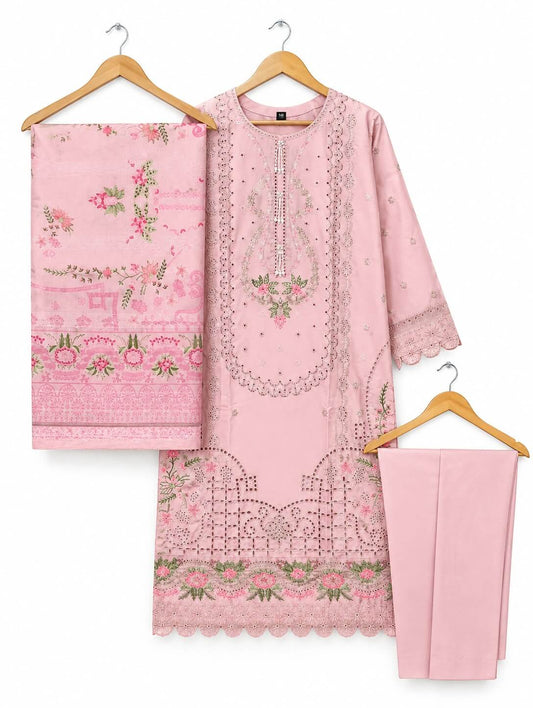 Blush Blossom | Luxury Baby Pink Embroidered 3-Piece Winter Cambric