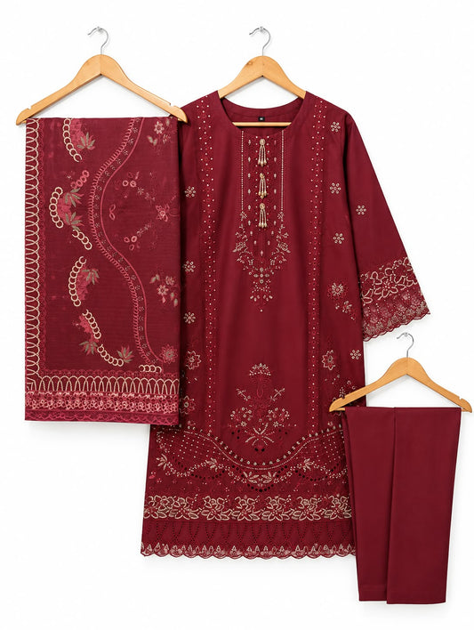 Ruby Charm | Luxury Maroon Embroidered 3-Piece Winter Cambric Suit