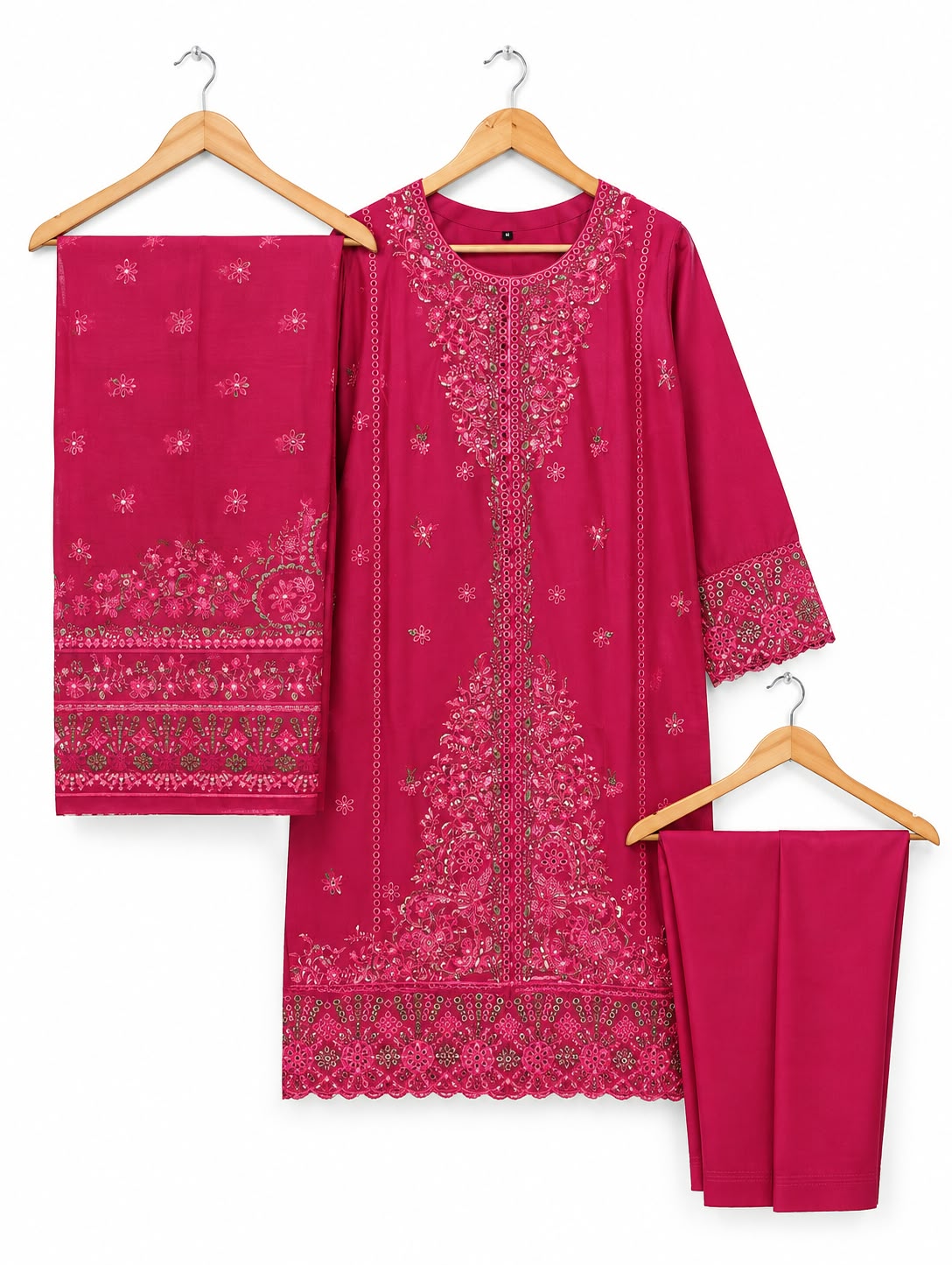 Fuchsia Bloom | Luxury Embroidered Winter Cambric 3-Piece Suit