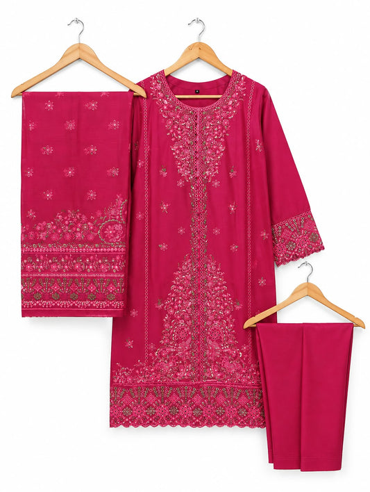 Fuchsia Bloom | Luxury Embroidered Winter Cambric 3-Piece Suit