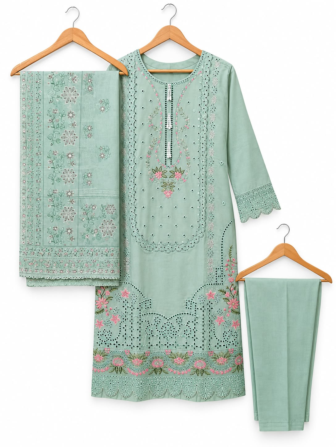 Mint Green Floral Chikankari Embroidered 3-Piece Winter Cambric Suit