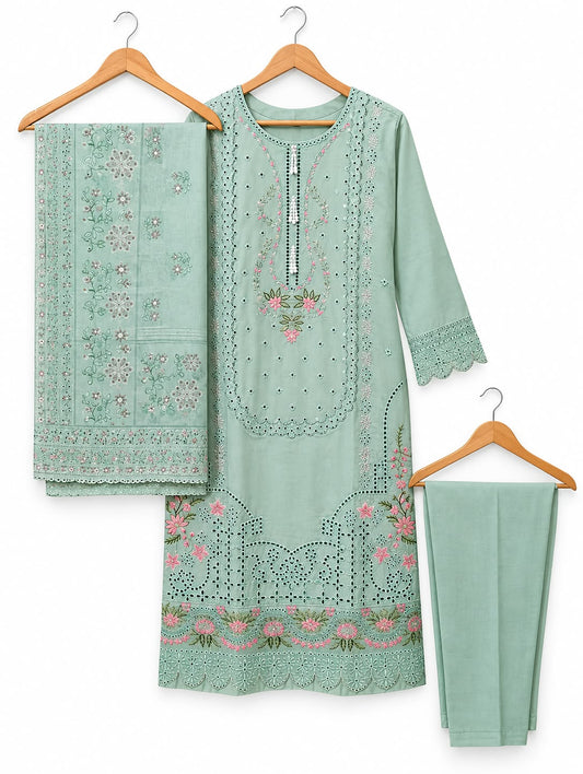 Mint Green Floral Chikankari Embroidered 3-Piece Winter Cambric Suit