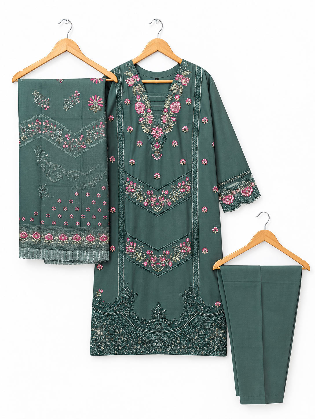 Emerald Bloom Chikankari Embroidered Winter Cambric 3 Piece Suit
