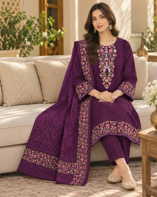 Royal Plum Floral Embroidered 3-Piece Winter Cambric Suit