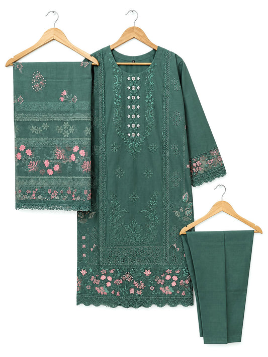 Elegant Teal Green Floral Embroidered 3 Piece Winter Cambric