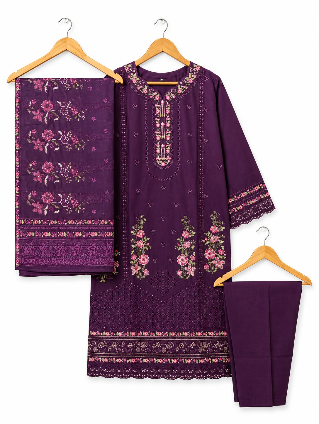 Elegant Plum Floral Embroidered 3-Piece Winter Cambric Suit