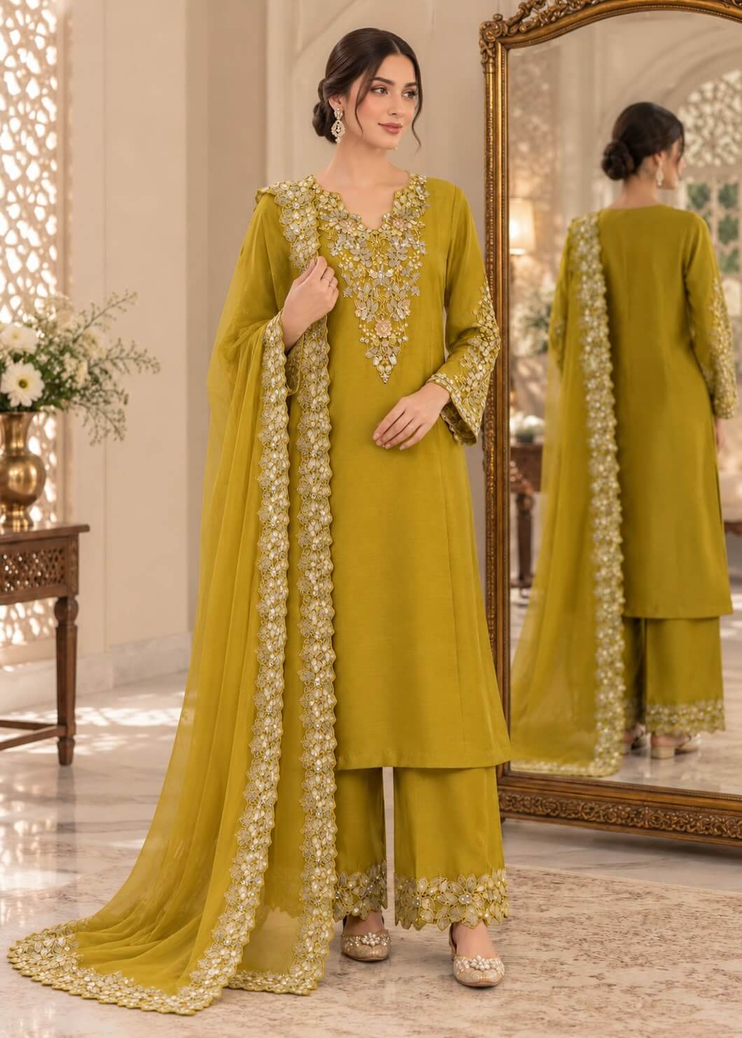 Golden Olive Embroidered 3-Piece Suit