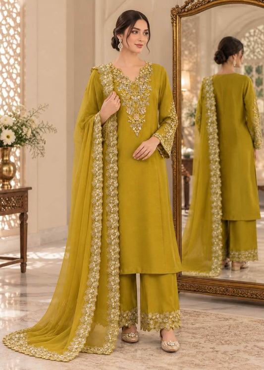 Golden Olive Embroidered 3-Piece Suit
