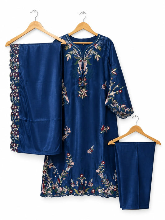 Royal Sapphire Floral Embroidered 3-Piece Suit