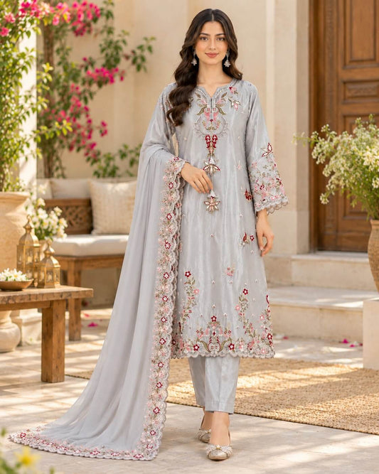 Silver Bloom Embroidered 3-Piece Suit