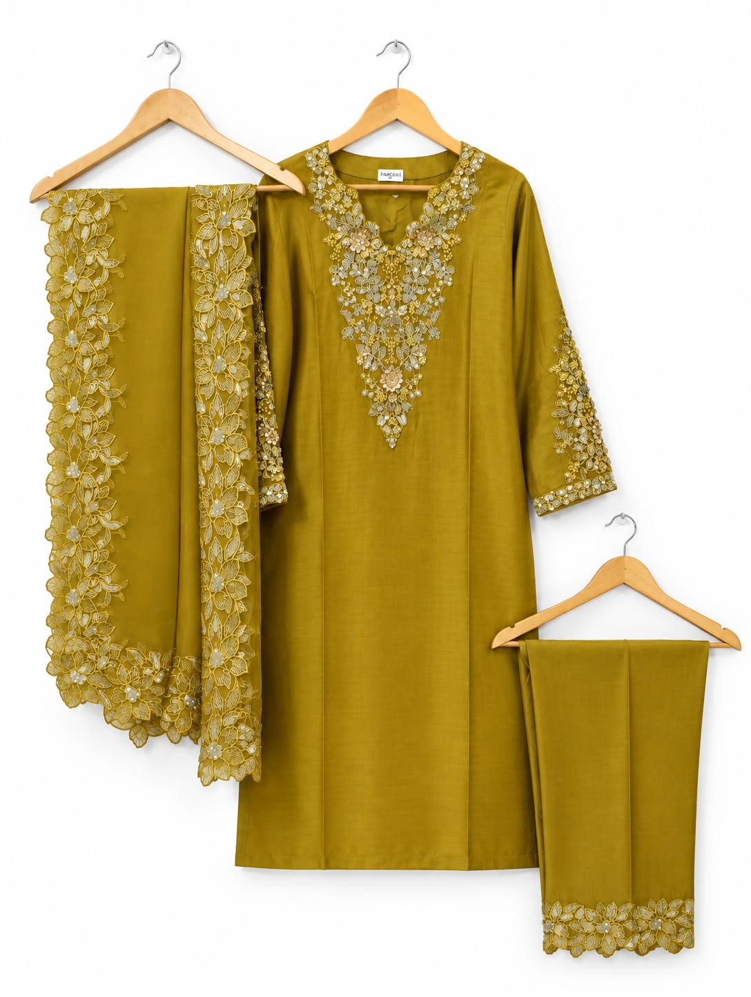 Golden Olive Embroidered 3-Piece Suit