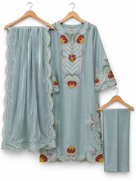 Elegant Sea Green Floral Embroidered 3-Piece