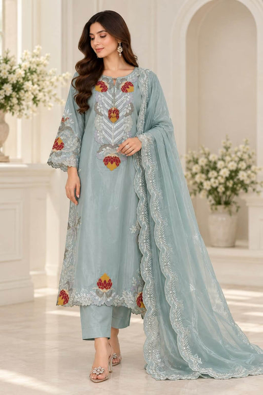 Elegant Sea Green Floral Embroidered 3-Piece