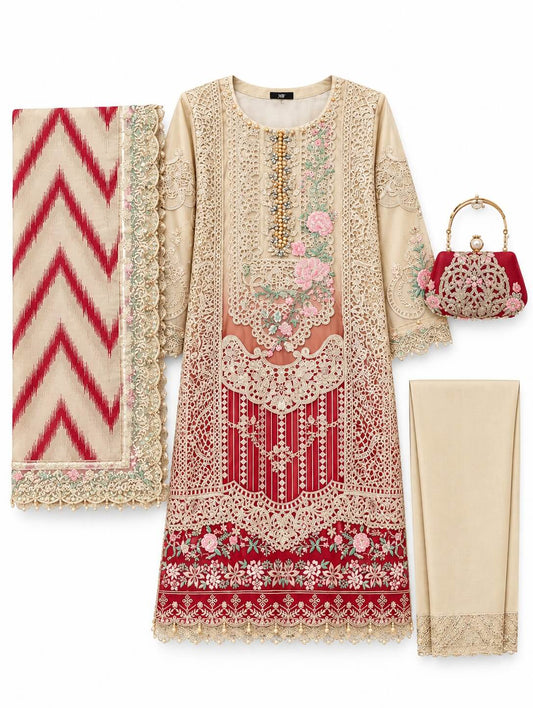 Crimson Royale | Luxury Beige & Red Embroidered 3-Piece Suit With Matching Handbag