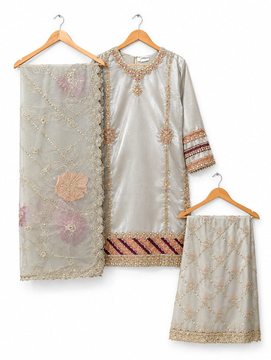 Royal Champagne Embroidered 3-Piece Formal Dress with Sharara & Organza Dupatta
