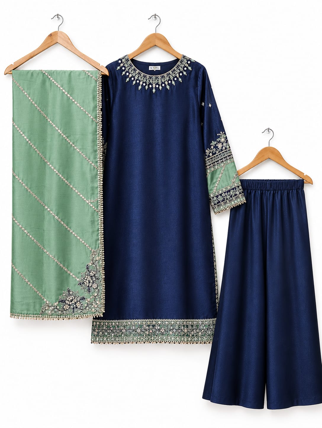 Midnight Blue Embroidered 3-Piece Formal Suit with Sage Green Dupatta