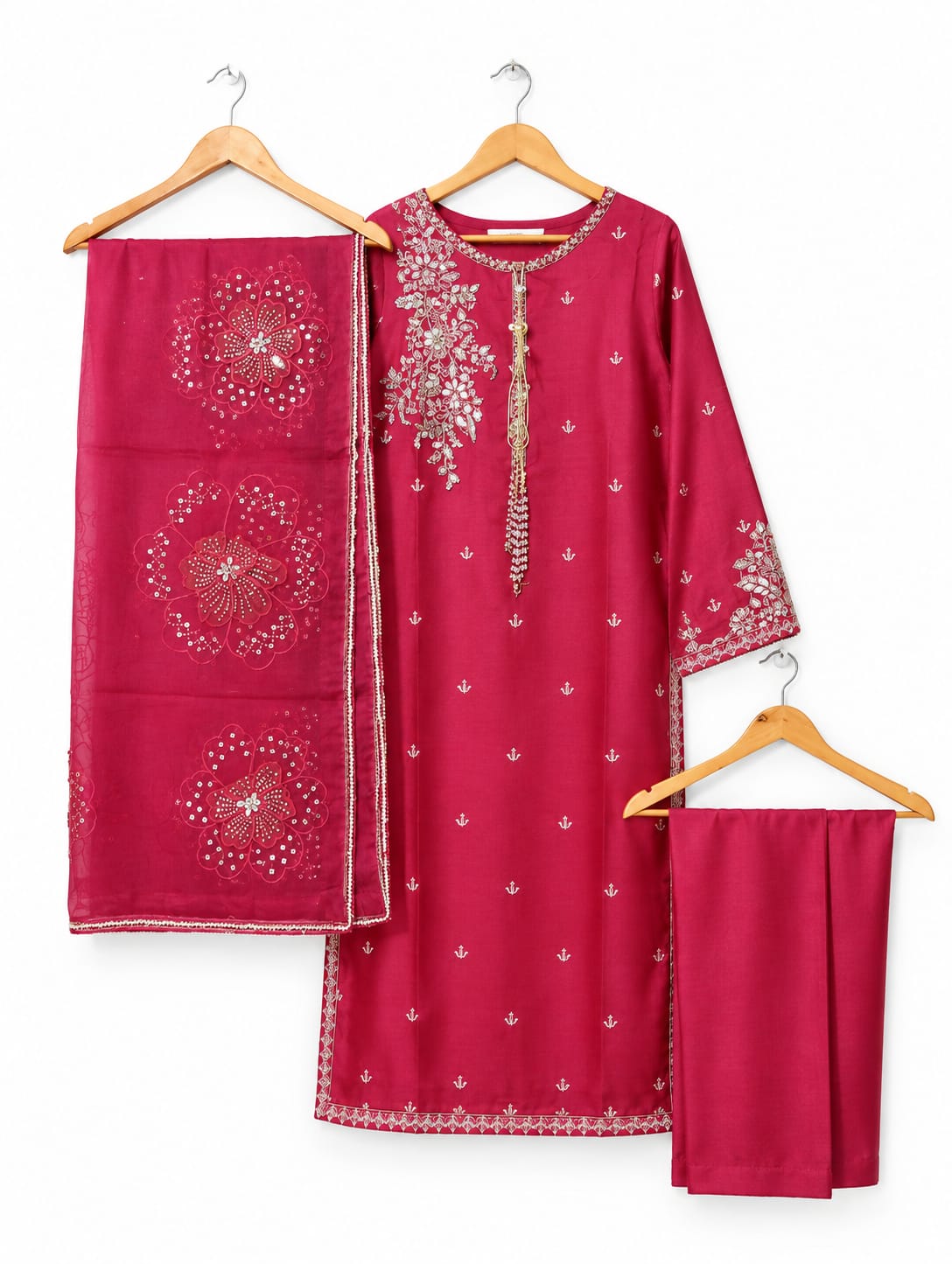 Ruby Red Embroidered 3-Piece Formal Suit with Matching Dupatta