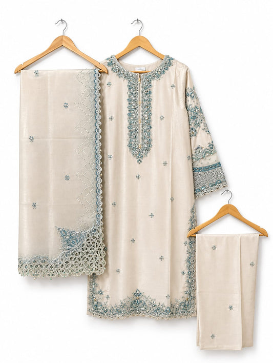 Elegant Ivory Embroidered 3-Piece Formal Suit with Organza Dupatta