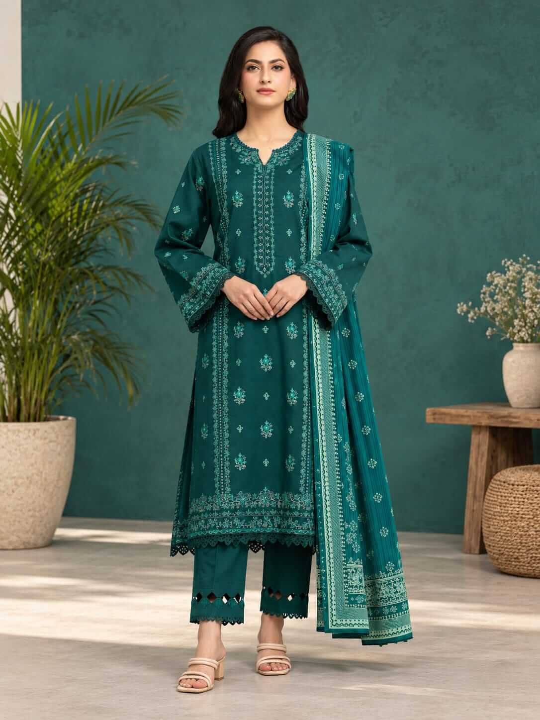 Teal Green Printed Khaddar 2-Piece Shirt & Dupatta