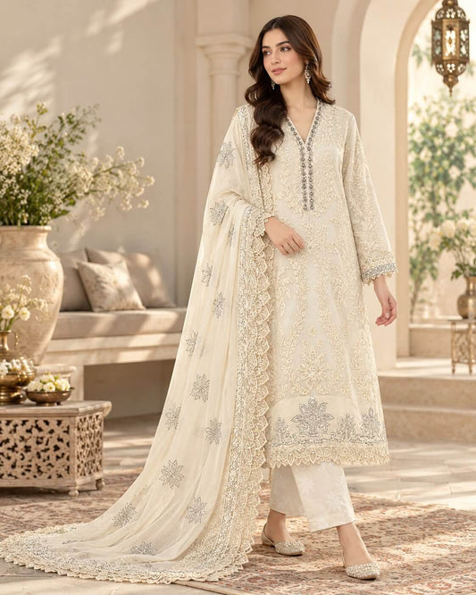 Midnight Noir | Embroidered 3-Piece Suit - White