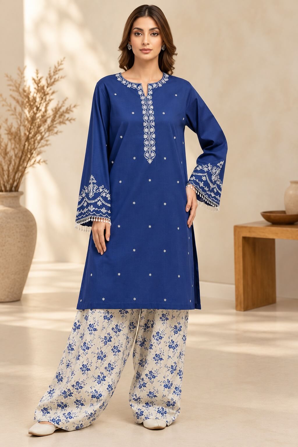 Royal Blue Embroidered Khaddar 3-Piece Suit