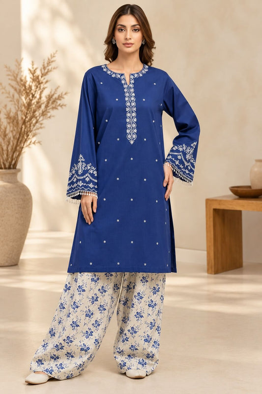 Royal Blue Embroidered Khaddar 3-Piece Suit
