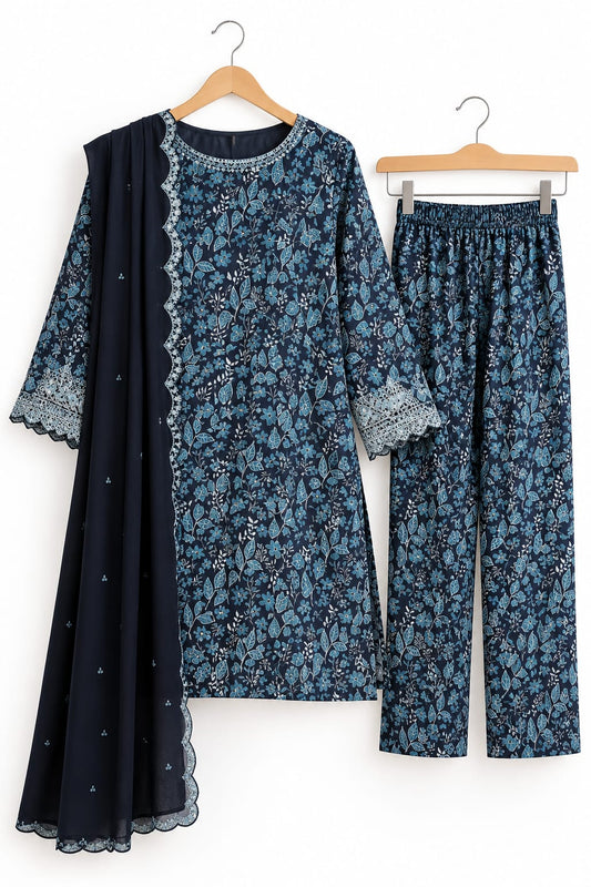 Navy Blue Printed Twill 3-Piece Suit