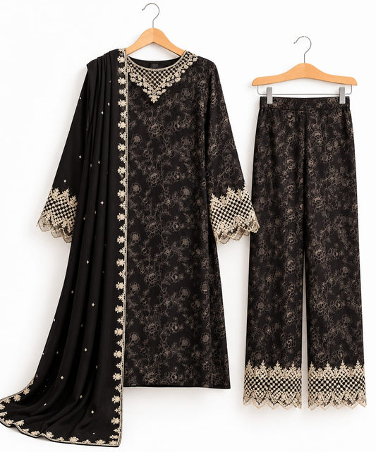 Black Khaddar 3-Piece Suit with Twill Shawl